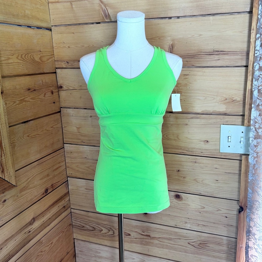 Vintage Tank Top Womens Medium Neon Lime Green Ruched Criss Cross Hard Tail